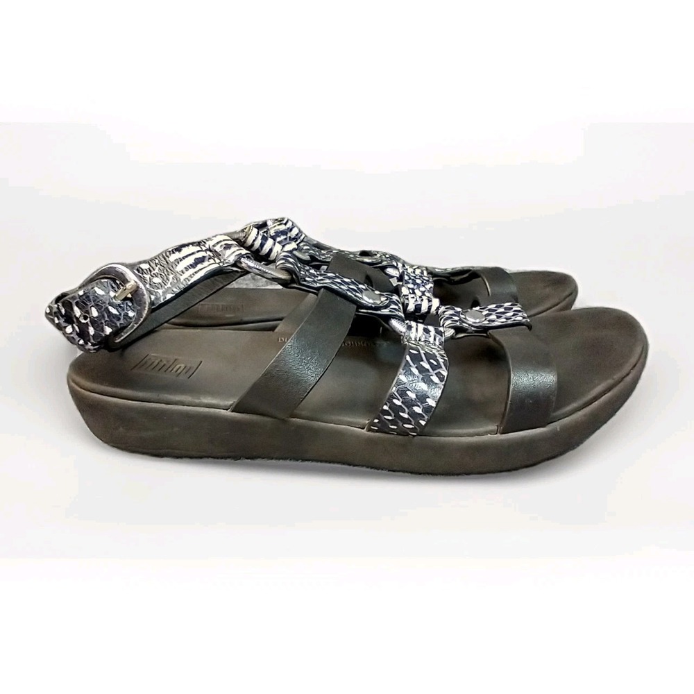 FitFlop Eloise Snakeskin Print Gladiator Wedge Sandals Black Blue Women‎ US 5